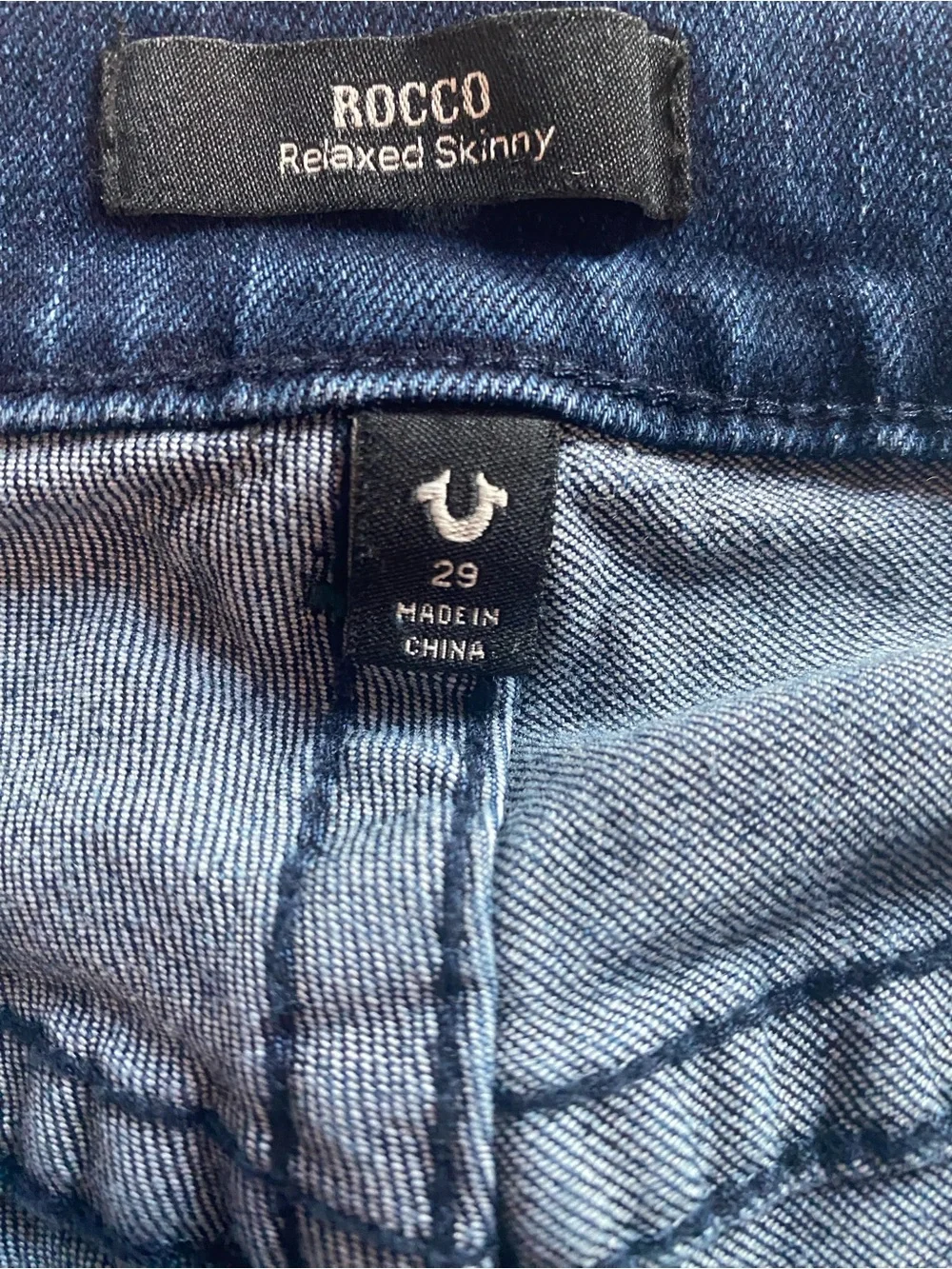 True Religion Men’s Dark Blue Denim Jeans with White Label - relaxed skinny